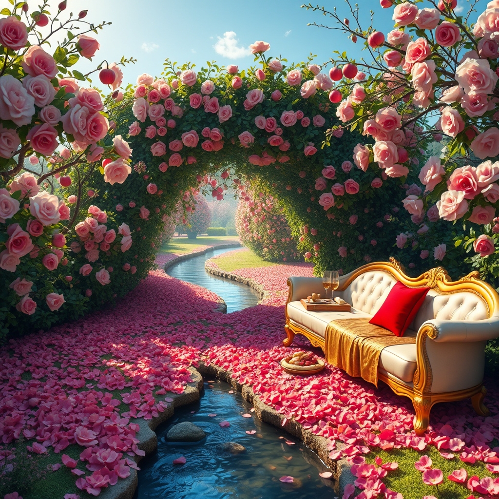 صبحی دل انگیز بهاری روشن
باغی افسانه ای با تونل افراشته از بوته های گل
و درختان پرشکوفه سیب و انار و پوشش انبوه گلهای رز اطلسی لی لی یم شب بو
آبشاری و رودی جاری ست
پایین رودخانه
کاناپه دراز ال مانند سفید طلایی با کوسن های قرمز
و میز طلا پر نان کره خامه عسل مربا حلوا باقلوا شیر خوشه انگور سیب انار14