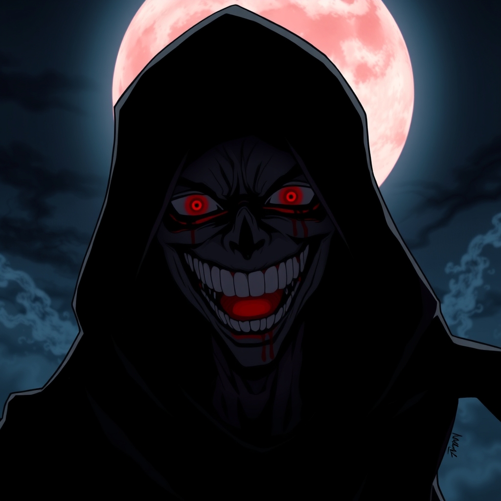 دیوانه ای که همه جاش در تاریکی متلق به جز چشم و صورتش که می خندد غیب شده باشه و در پشت آن ماه خونین وجود دارد

17