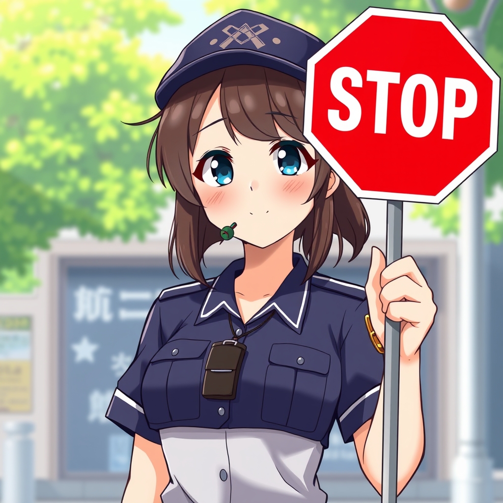 دختری است که لباس پليس تنش است و تابلوی ایست دستش است و یک سوت در دهانش است15