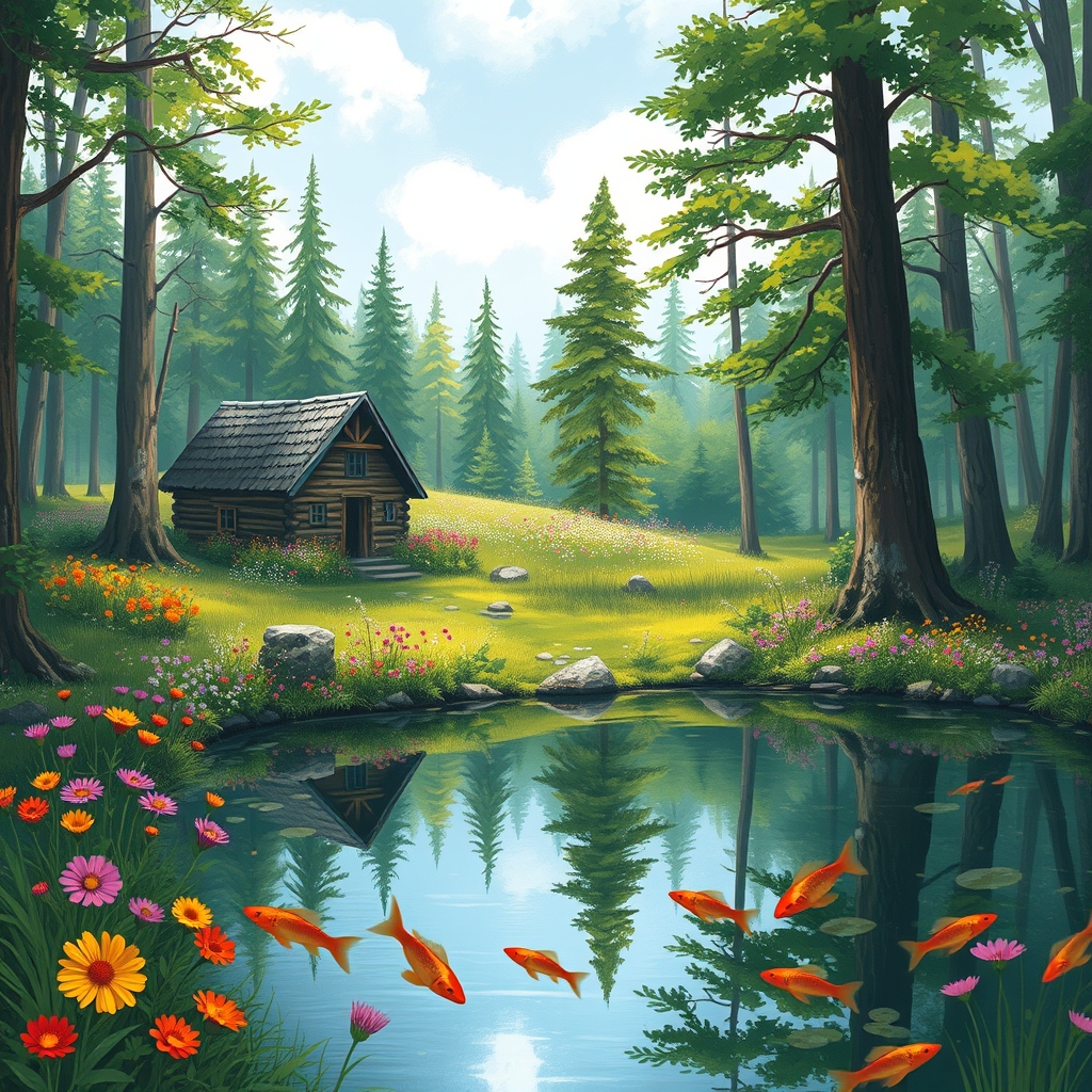 جنگل یک کلبه چوبی دشت پر از گل زیبا و برکه کوچک ماهی3