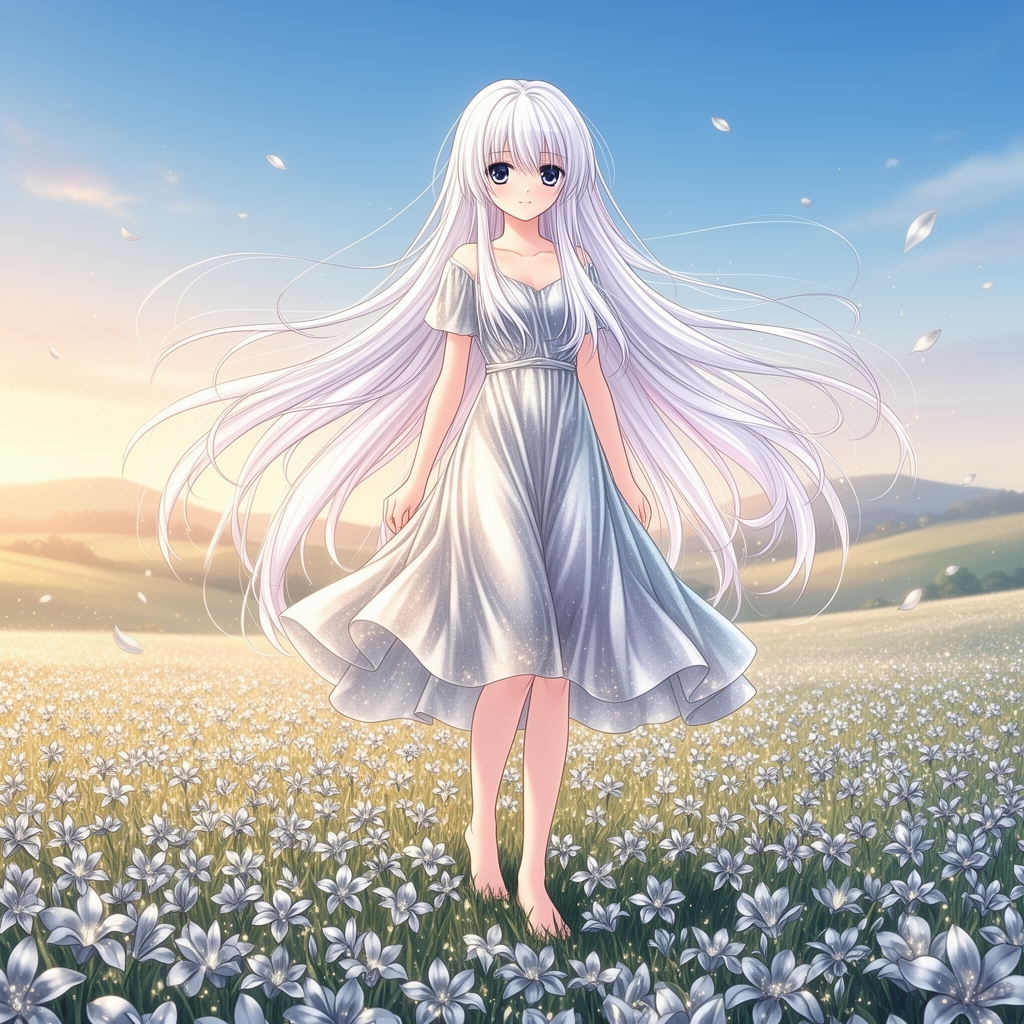 یه دختر با موهای خیلی بلند سفید و یه پیراهن نقره ای 
دختر در یه‌ چمن زار پر از گل نقره ای زیبا ایستاده3