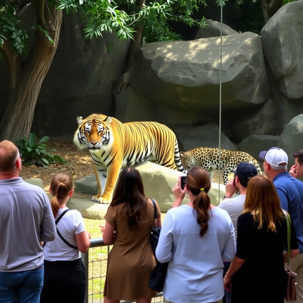 یک ببر بزرگ و یک جگوار در قفس باغ وحش هستند و مردم از بیرون قفس ببر و جگوار را تماشا می کنند 6