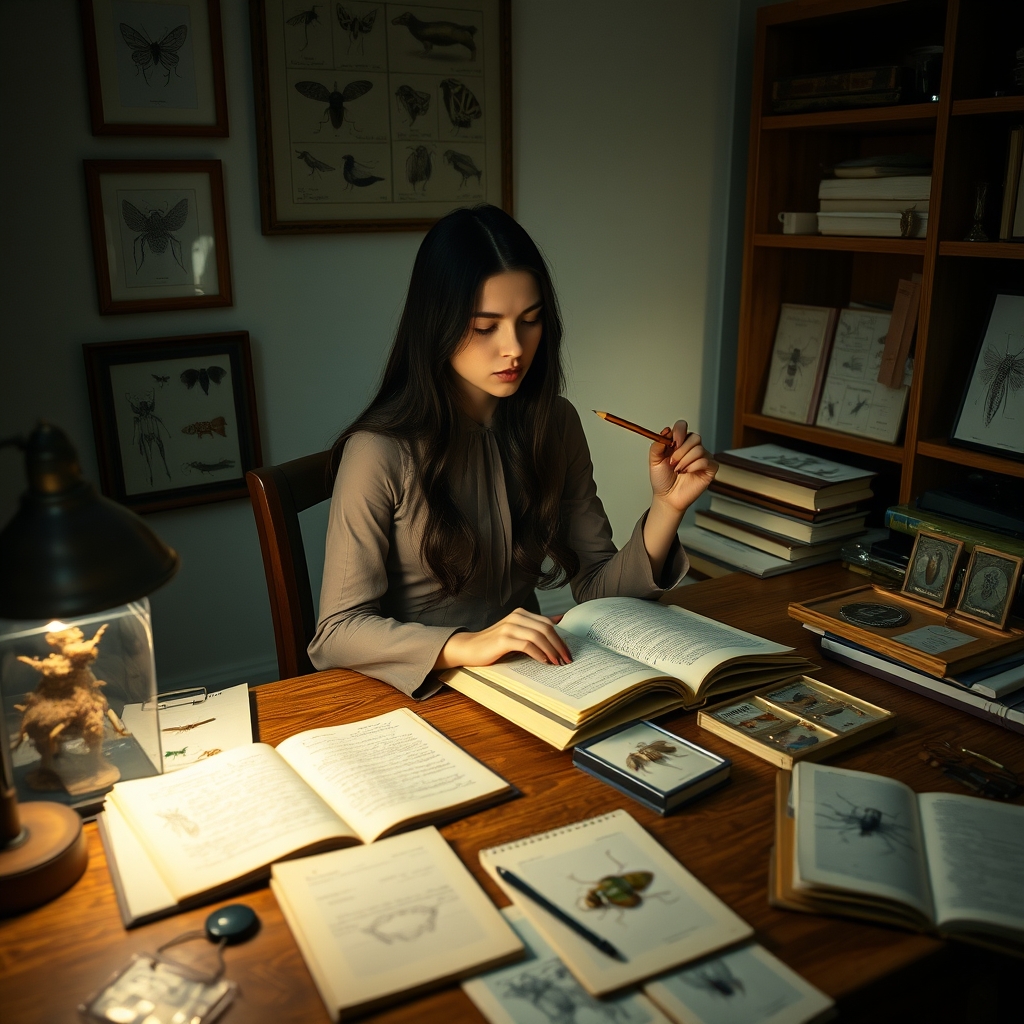 یک دختر زیبا در حال مطالعه در شب تنها پشت میز ، مطالعات عجیب و غریب در باره حشرات و حیوانات ، زیست شناسی ، نمونه های حشرات و جانوران در اتاقش دیدن میشود . خانوم با موهای مشکی در حالی که مدادی در دست دارد و فکر میکند .13