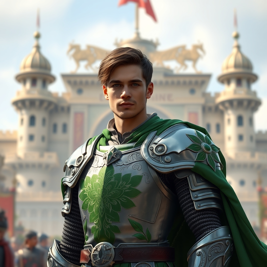 یک شاهزاده خوشتیپ شنل سبز دار زره پوش که زره او طرح گل است سبز رنگ و تمام قد در یک قاب پسزمینه 
امپراتوری بزرگ فادوو10