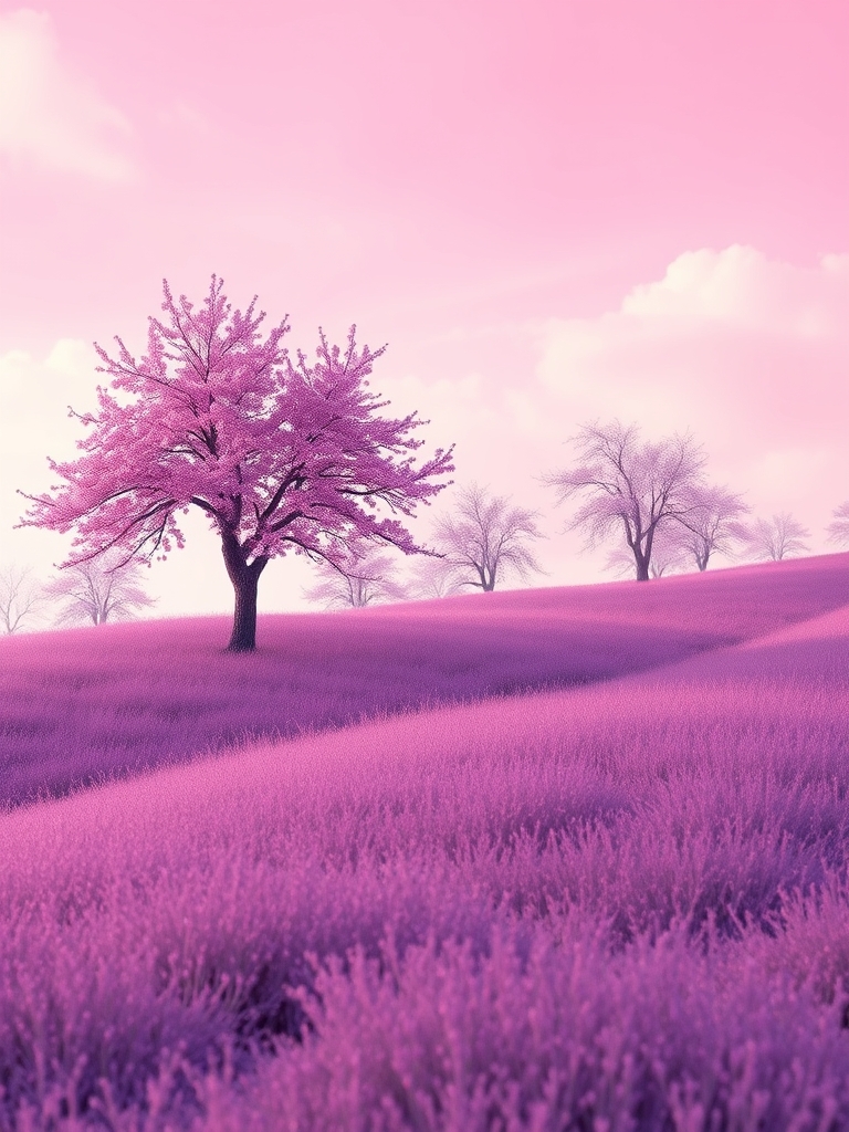 عکس طبیعت رو تولید کن و آسمون صورتی رنگ باشه و چمن اونجا بنفش پررنگ باشه و درخت هایی اونجا باشن که برگ ندارن ولی به جاش کلی شکوفه های صورتی رنگ داشته باشه 19