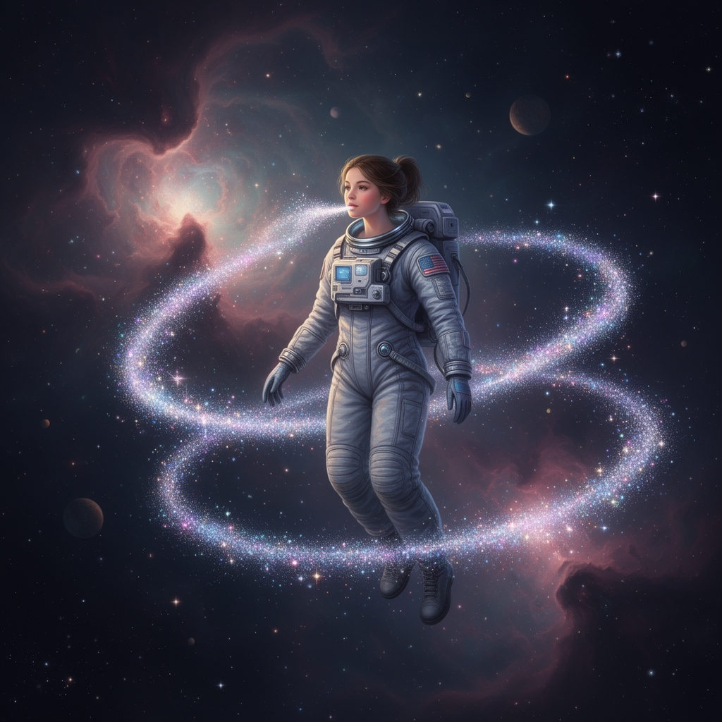 فضانوردی دختری در فضا که دارد فدم میزند 0
