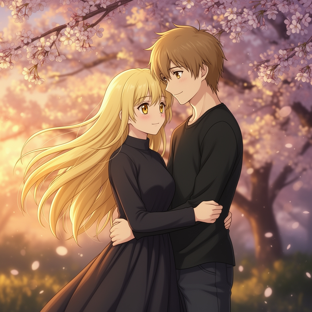 دختری ۱۸ ساله با لباس های طوری سیاه موی بلوند چشمان عسلی در اغوش پسری ۱۹ ساله با لباس سیاه و مو های قهوه ای کم رنگ 1