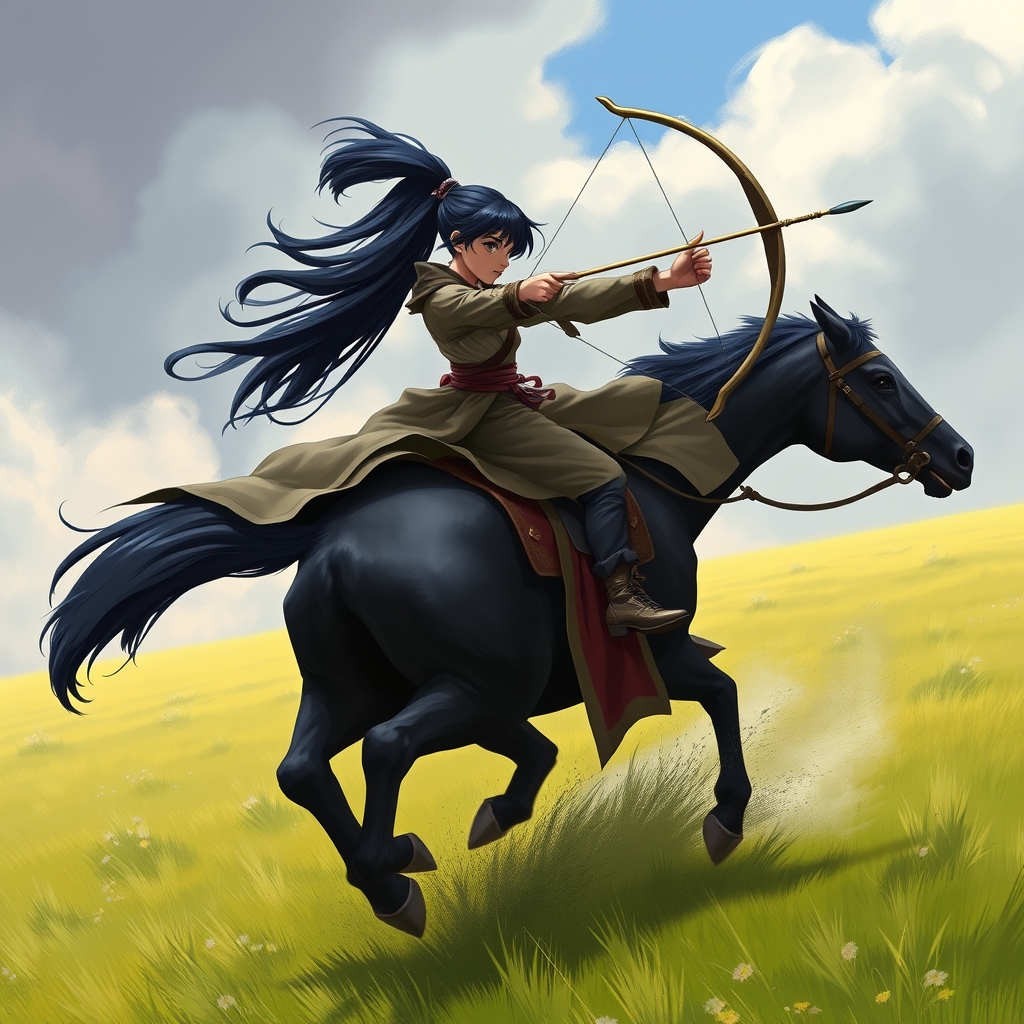یک دختر جنگجو با موهای مشکی و آبی بسته شده ، سوار بر اسب در حال تاختن و در حالی که با کمان به سمت راست نشانه گرفته است . لباس های چسب بدون آستین . شکمش دیدن میشود 17