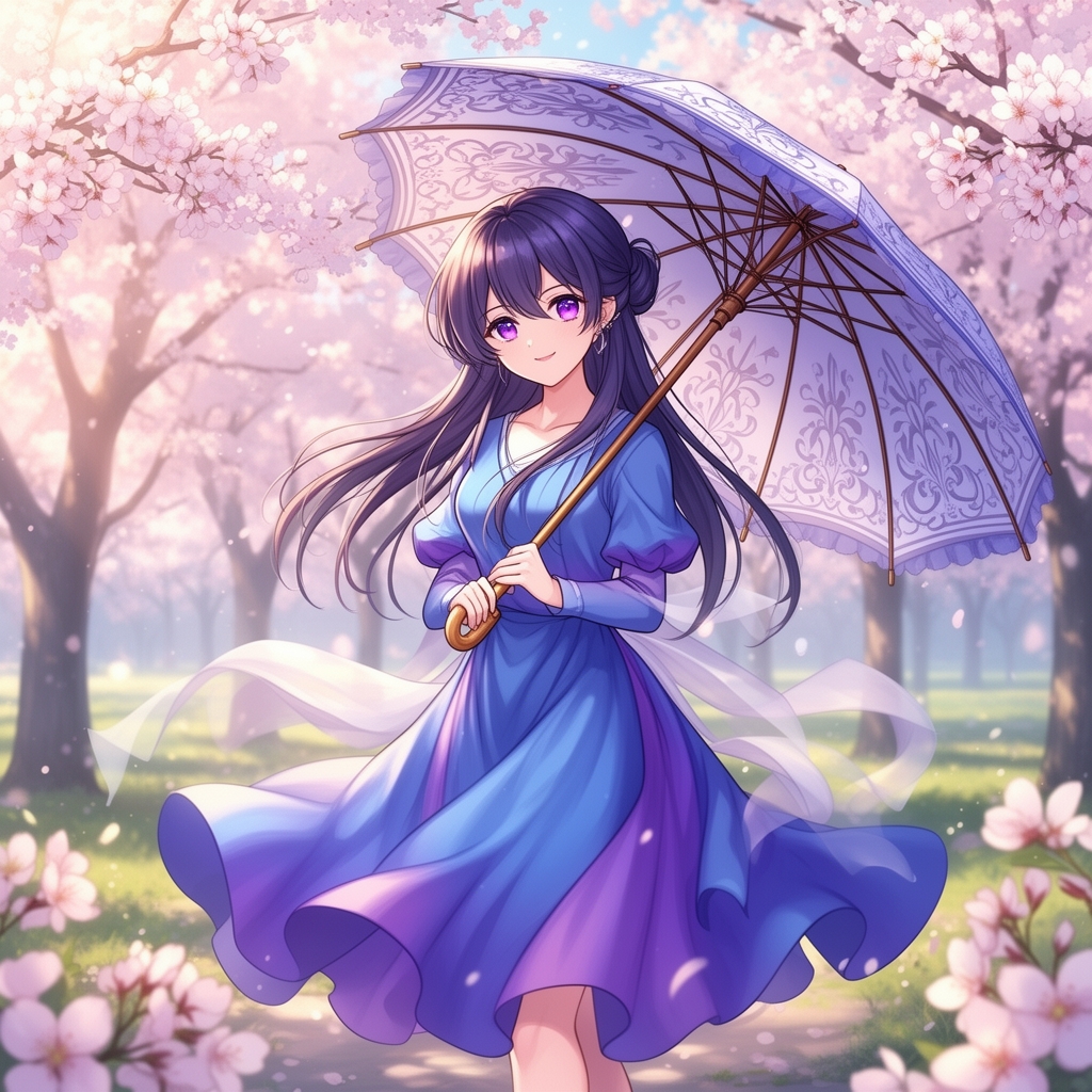 یه دختر با لباس آبی و بنفش و با چشم های بنفش وباچتر زیبا 1