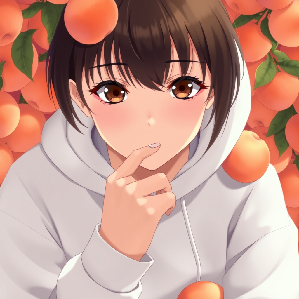 یه دختر نوجوان با هودی و شلوارک سفید ک پوست سفیدی دارد و مو و چشم های اون قهوه‌ای تیره و خیلی پر رنگ است و موهای او چتری است و دورتادور اون پر از هلو است و در انگشت وسط دست او یک حلقه سفید است6