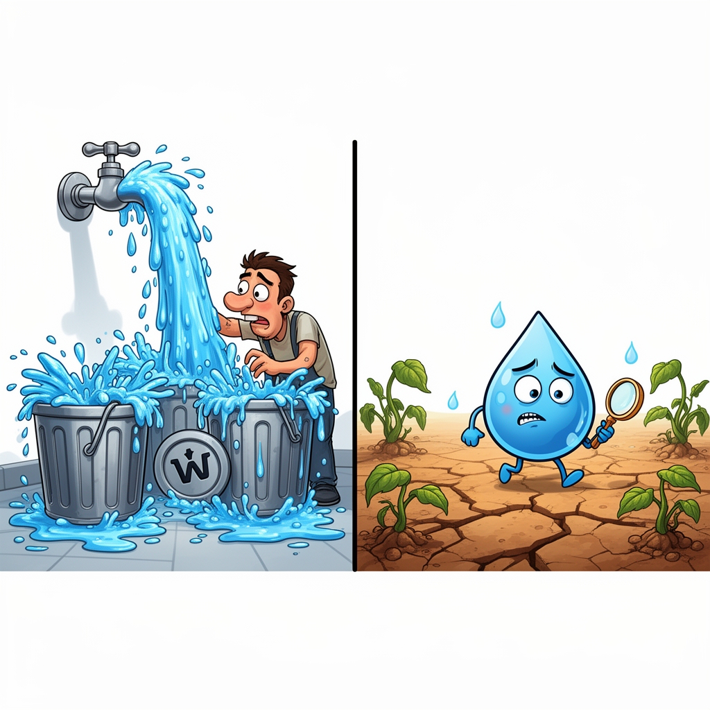 یه کاریکاتور میخوام که اسراف آب رو نشون بده و یکم اون طرف تر دنبال یه قطره آب گشتن رو نشون بده5