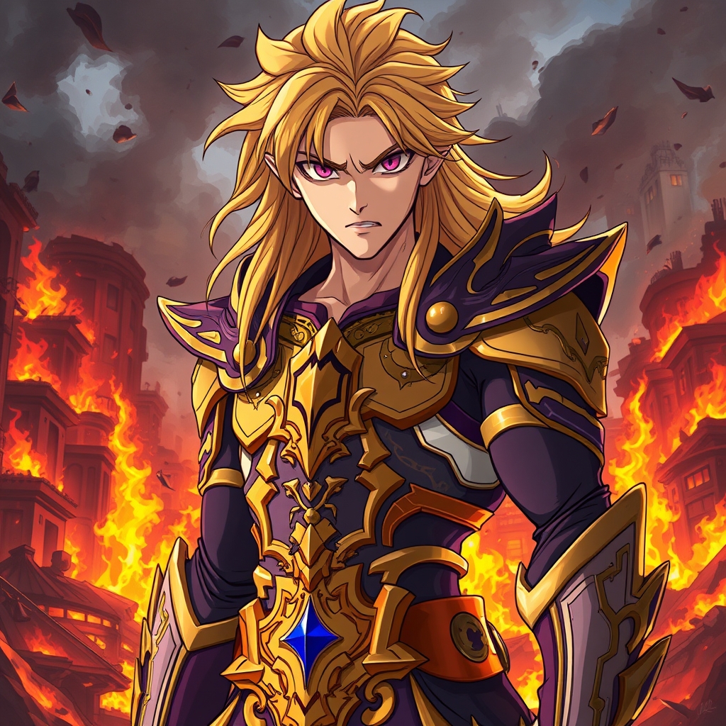 یک تصویر 
بیرون شهری سوخته 
سرداری مرد جوان زیباروی تاتاری با دوچشم پر خشم 
می غرد با موهای بلند طلایی بلند قد و تنومند
زرهی دارد از طلا و بنفش فانتزی جادویی0