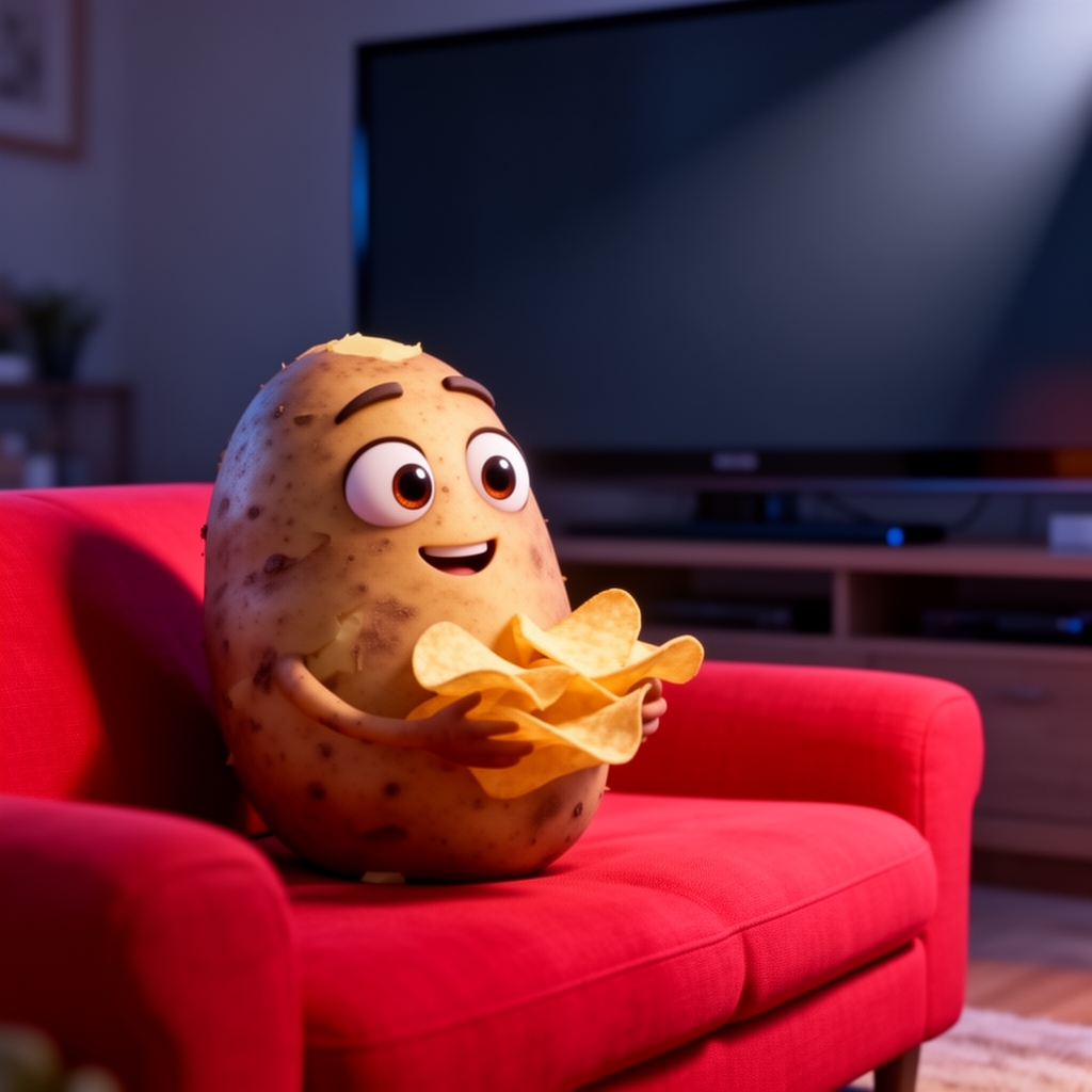 سیب زمینی که پوستش کنده به صورت کامل شده و چشم دارد و در حال خوردن چیپس است و به تلویزیون نگاه می‌کند و روی مبل قرمزی نشسته است چهار بعدی کارتونی بساز0