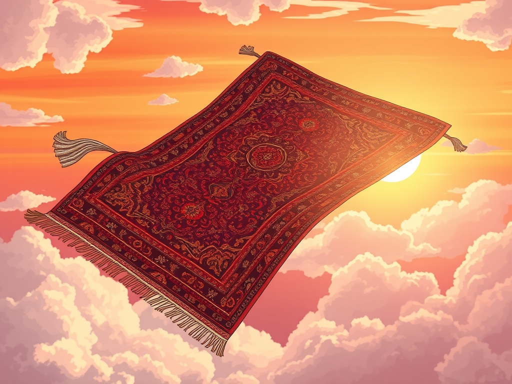 یک قالی ایرانی که به یک قالی پرنده جادویی تبدیل می‌شود، در آسمان غروب طلایی.1