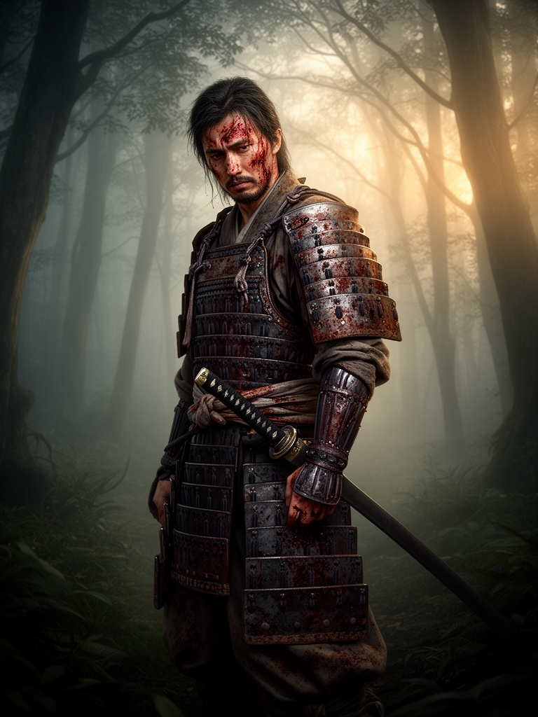 تصویر یه سامورایی خسته رو برام بساز که کلی زخم روی بدنش داره و تمام بدنش پر خونه، بالباس رزم باشه، توی جنگل و شمشیر به دست 5
