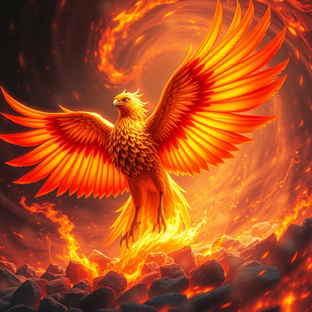 یک ققنوس برخاسته از زغالهای درخشان، با بالهایی آتشین که گسترده شدهاند.21