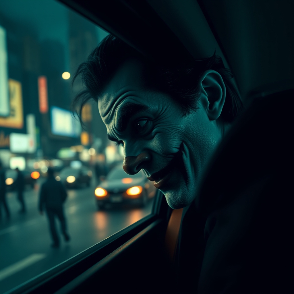 جوکر را بکش در حالی که سرش را به شیشه کناری ماشین چسبانده و مردم را در خیابان نگاه می کند7