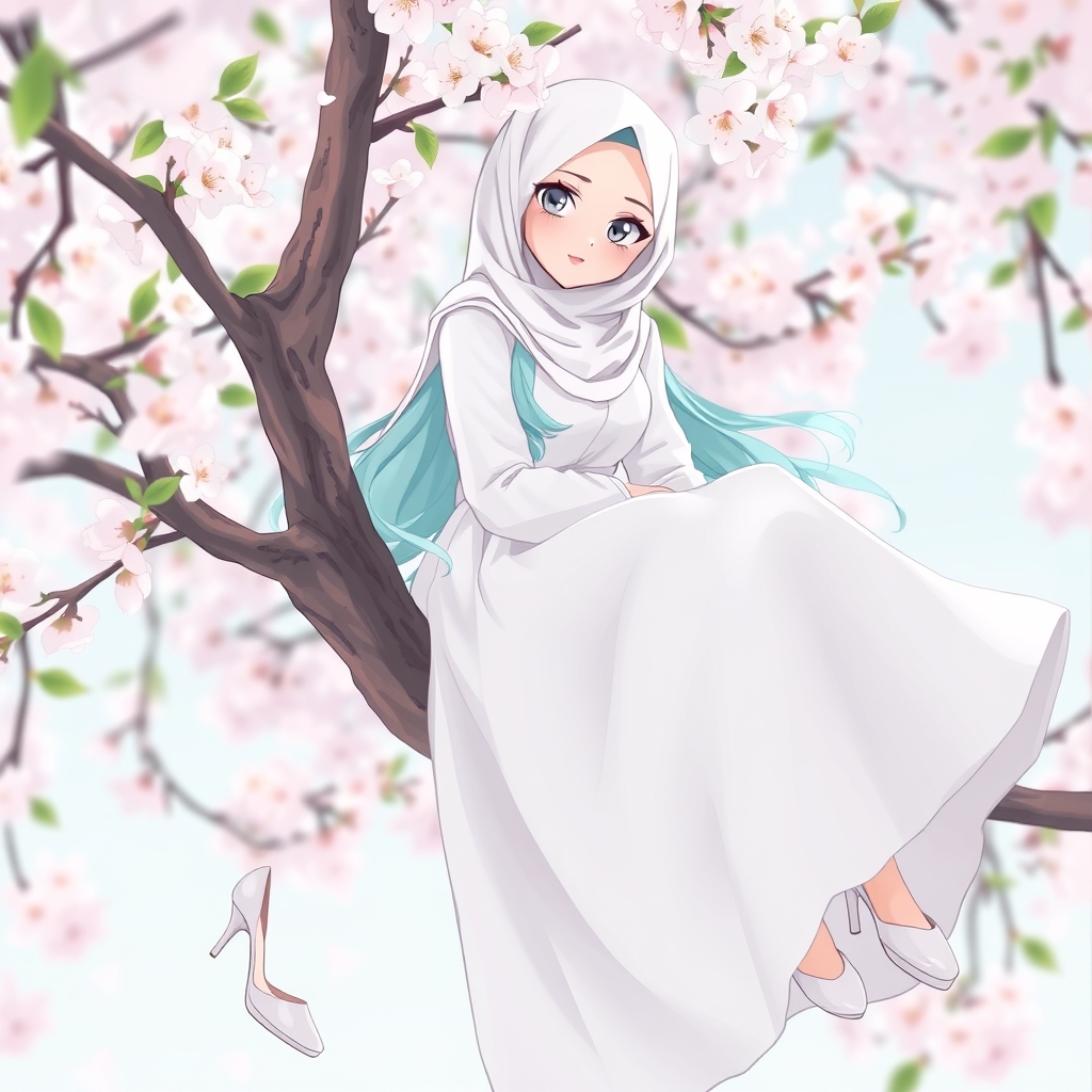 یا دختر ۱۸ ساله با حجاب با موهای خیلی بلند با لباس سفید بلند پف پفی با چشمای خاکستری و لب های سرخ و رنگ موی ترکیب سفید و فیروزه ای و کفش های سفید پاشنه بلند که روی یک شاخه درخت با شکوفه بهاری نشسته و پاشو دراز یا بلند کرده15