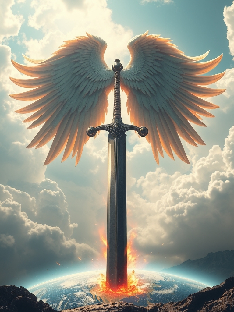 یک شمشیر بزرگ که در دل کره زمین فرو رفته
و یک فرشته بزرگ در حال پرواز کردن
با بالهای بلند و نورانی
در حال تماشای زمین است18
