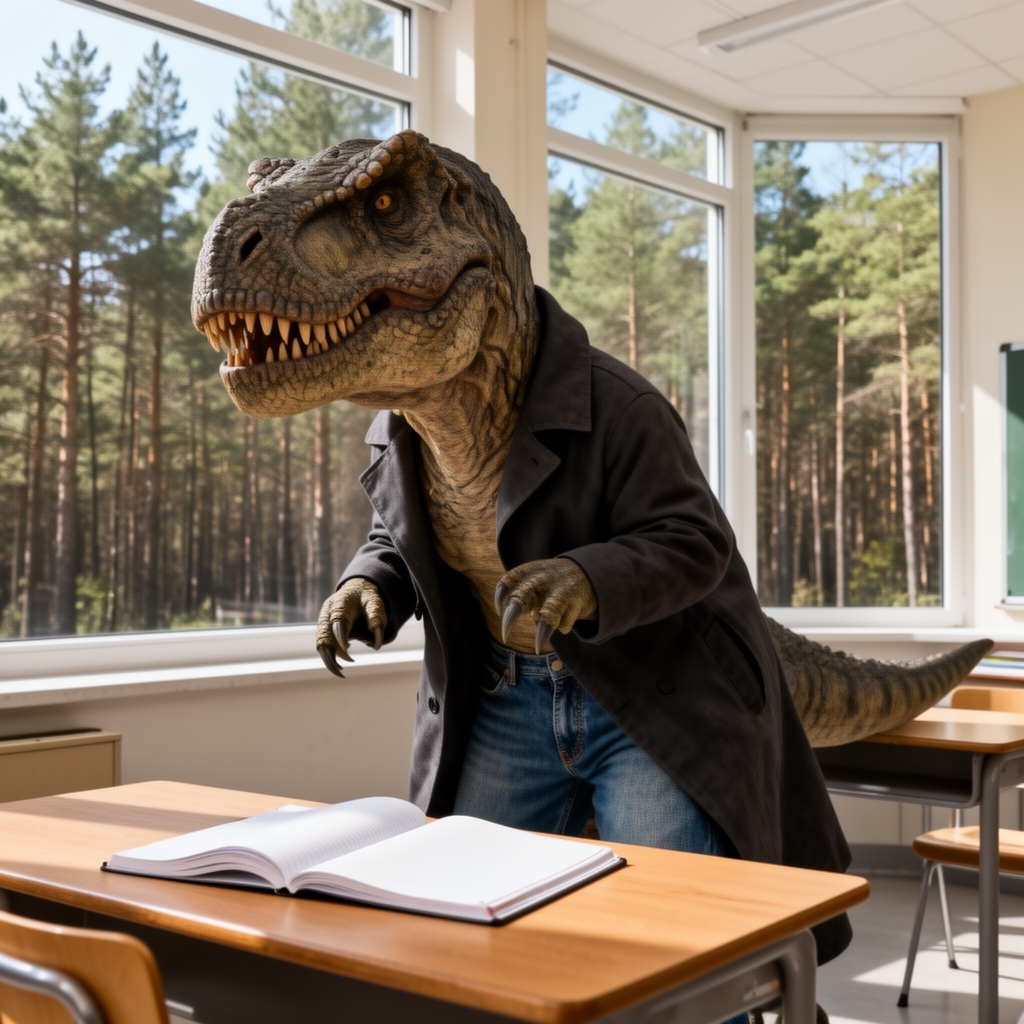  یک عکس بی نهایت واقع گرایانه از🦖 با🧥👖در 🏫📔🌲3