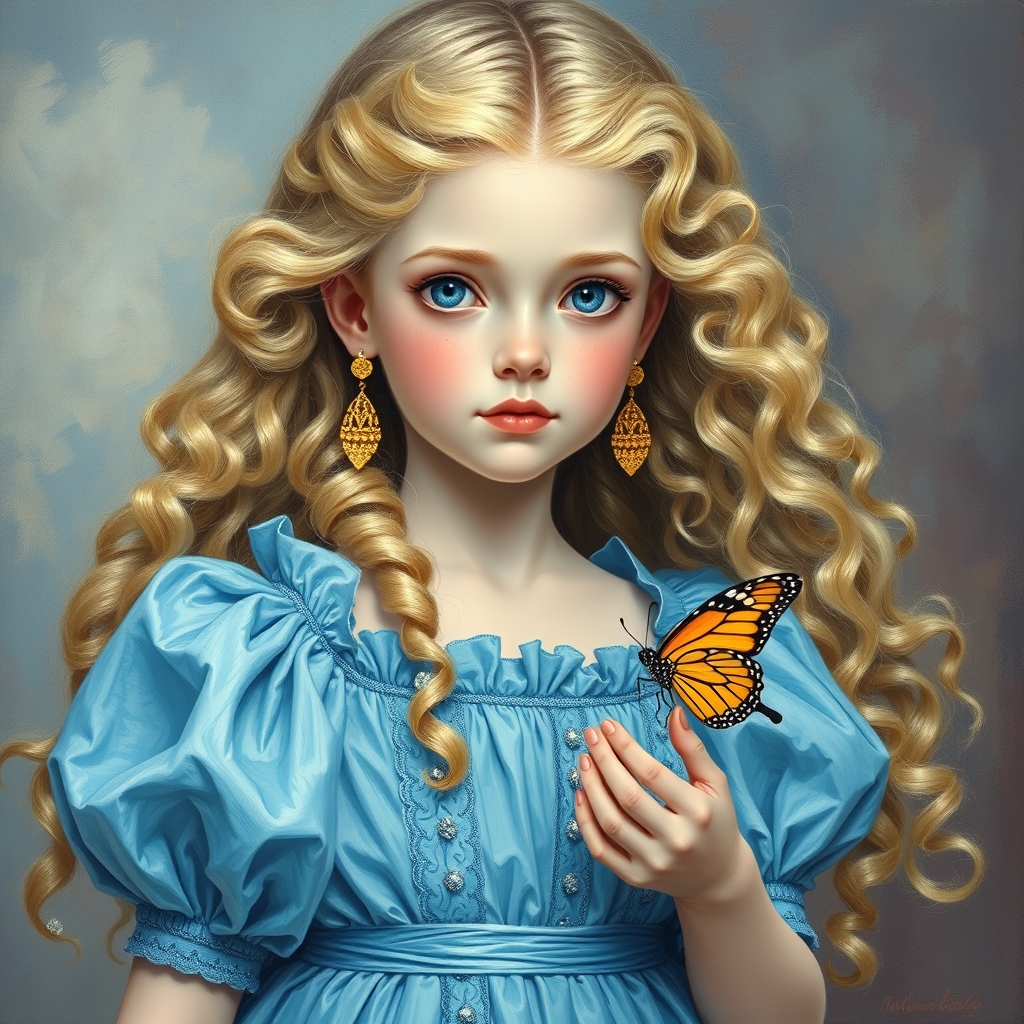 دختری زیبا با مو های طلایی حالت دار بلند ، پوست سفید ، گونه های صورتی و چشم های ابی کریستالی که یه لباس سلطنتی آستین پفی  به رنک ابی آسمانی و اشرافی پوشیده و  گوشواره ی طلا داردد  و بروی دستش پروانه ای زیبا نشسته است به سبک پست امپرسیونیسم 
11
