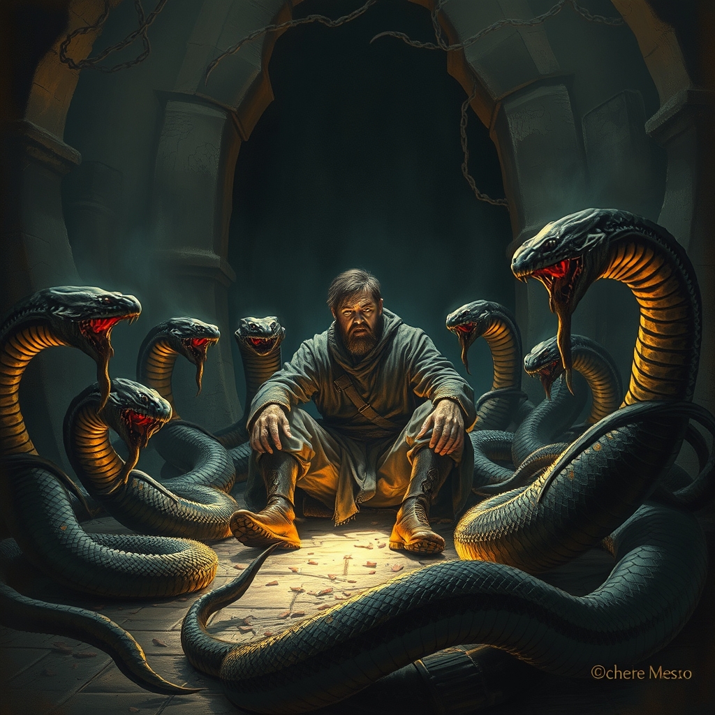 یک مرد ترسیده و نشسته است و در خطر مرگ مار ها محاصره اش کرده اند منتظر یک ناجی در دوران قرون وسطا1