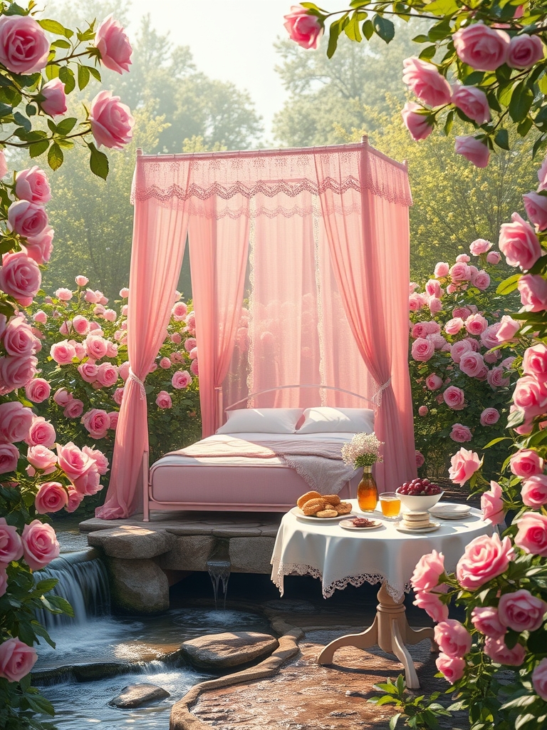 صبح بهاری وسط باغچه گل های رز صورتی قد کشیده 
یک تخت صورتی زیر سایه بان توری صورتی 
و یک میز سفید و کوچک کنارشه پر نان کره خامه عسل میوه مربا انگور باسلوق باقلوا کلوچه شیرینی دورادور باغچه رودها آبشارها جاری ست .20