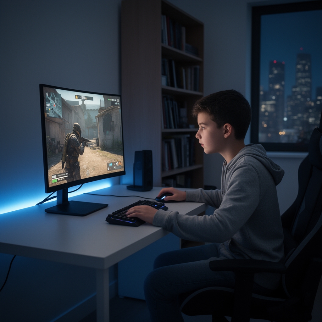 پسری که روی میز کامپیوتر دارد بازی کالاف میکند0