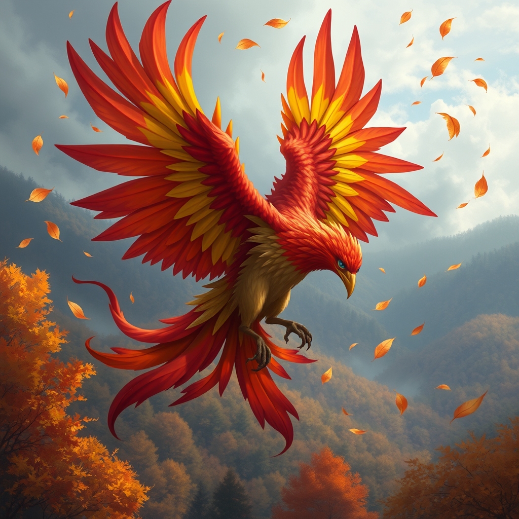 سیمرغ با پر های قرمز،نارنجی،زرد با چشم های آبی درحال پرواز در بالای جنگل پاییزی و ریختن برگ ها2