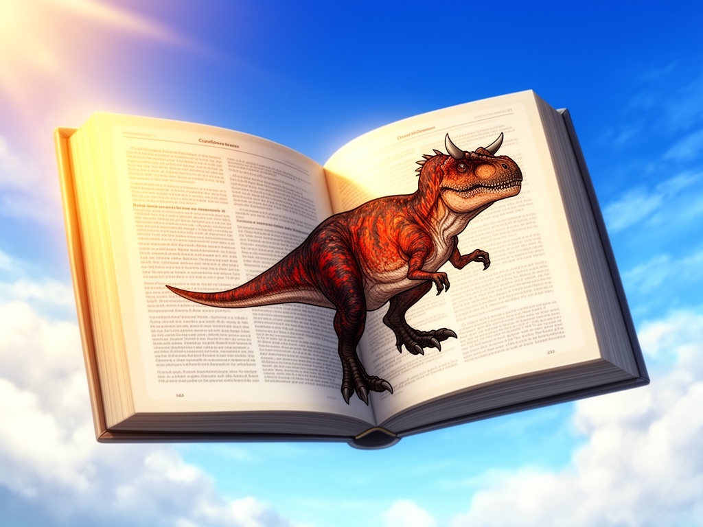 یک تصویر  بی‌نهایت واقع گرایانه از
یک کتاب معلق روی اسمان
باز است
داخلش راجب دایناسورها نوشته
و عکس دایناسور کارنوتاروس با پوزه کوچک و دست های کوچک و پوست سفت و زبر با رنگ قرمز و نارنجی و سیاه و دوشاخ درست بالای چشماش1