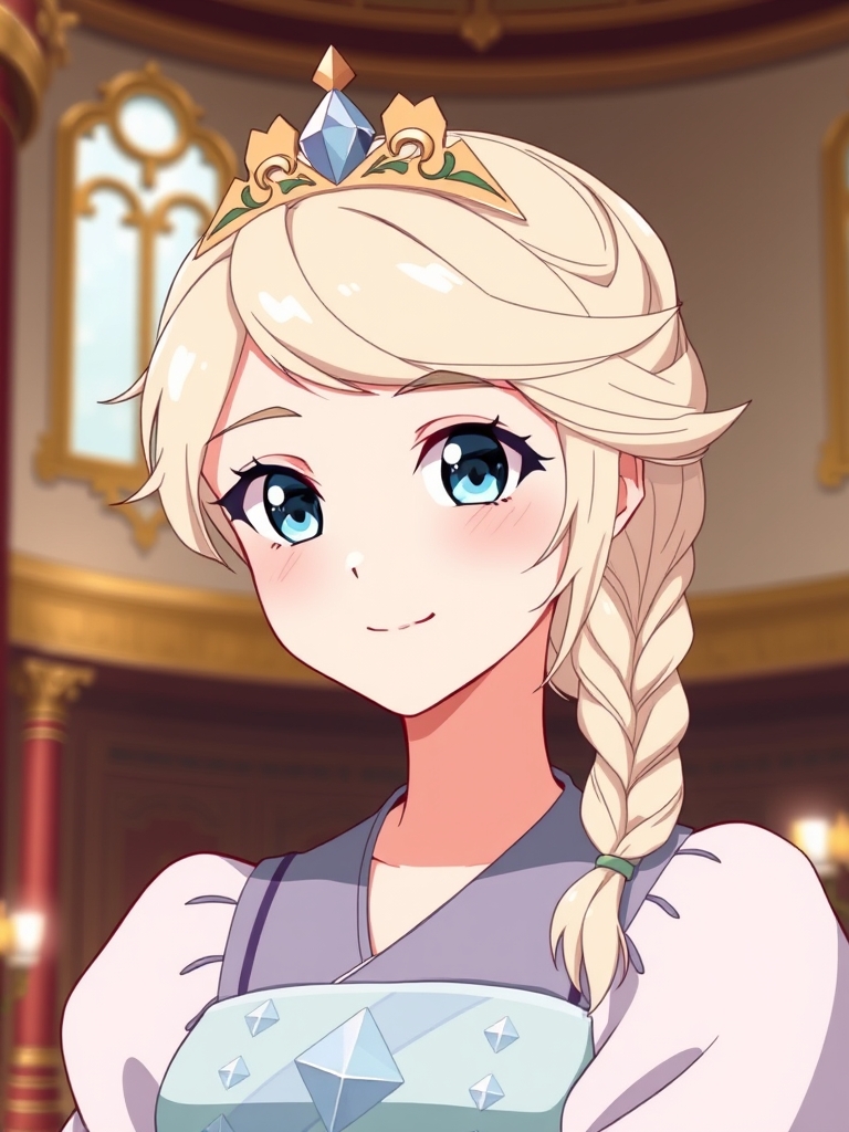 یک پرنسس که خیلی خوشکله و موهاش کرمی است و موهاش رو یک طرفه بافته و چشماش مثل کریستال ابی میدرخشه و لبخند میزنه و یک لباس پرنسسی به رنگ گل زنبق و یکم هم ابی و پوشیده و طرح روی اون کریستال است و در قصر حضور دارد20