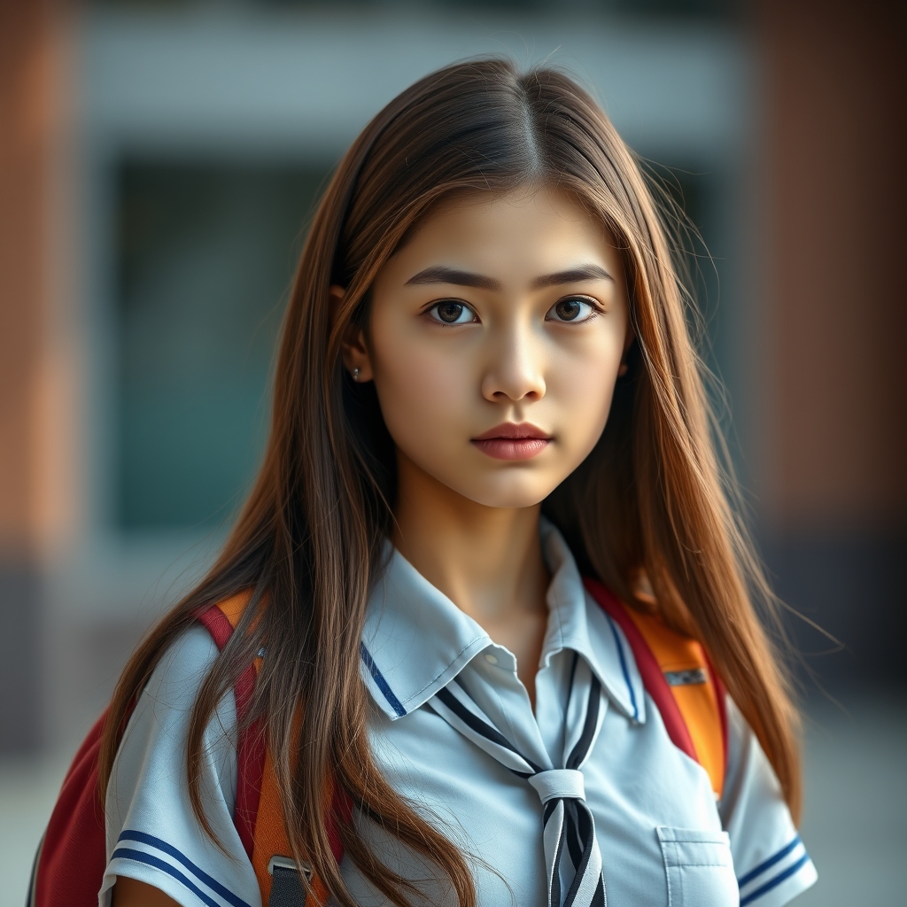 یک دختر ۱۸ ساله با لباس فرم مدرسه و موهای بلند قهوه ای،کوله ی مدرسه ای روی پشتش دارد و کمی بی حوصله اما زیبا است23