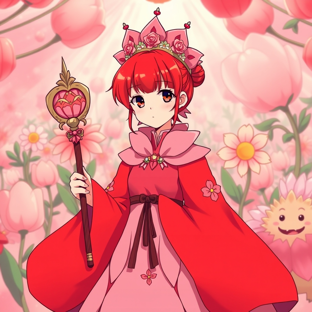 عکس یه دختر با موهای قرمز که اون هارو گوجه‌ای بسته و یه لباس پف که از گلبرگ های بزرگ صورتی درست شده پوشیده و یه کت به رنگ قرمز مایل به صورتی پوشیده و یقه اون لباس شبیه گلبرگ هستن تا بالای گردنش اومده . آستین های اون لباس بلند و بزرگ هستن طرح هایی به شکل گل روی اونها دیده می‌شه . او دختر ملکه گل هاست و یه تاج صورتی بزرگ و قشنگ روی سرش گذاشته و یه عصای جادویی که به رشد گل ها کمک می‌کنه توی دستش هست و اون توی یه مهمونی شلوغ پر از گل های آدم نما هست و جو جشن قرمز و صورتی هست 8