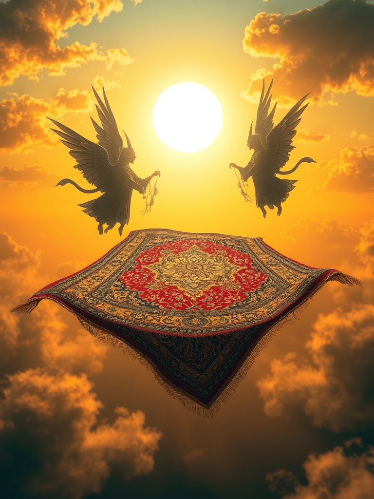 یک قالی ایرانی که به یک قالی پرنده جادویی تبدیل می‌شود، در آسمان غروب طلایی ب ترسیم ارواح مقدس0