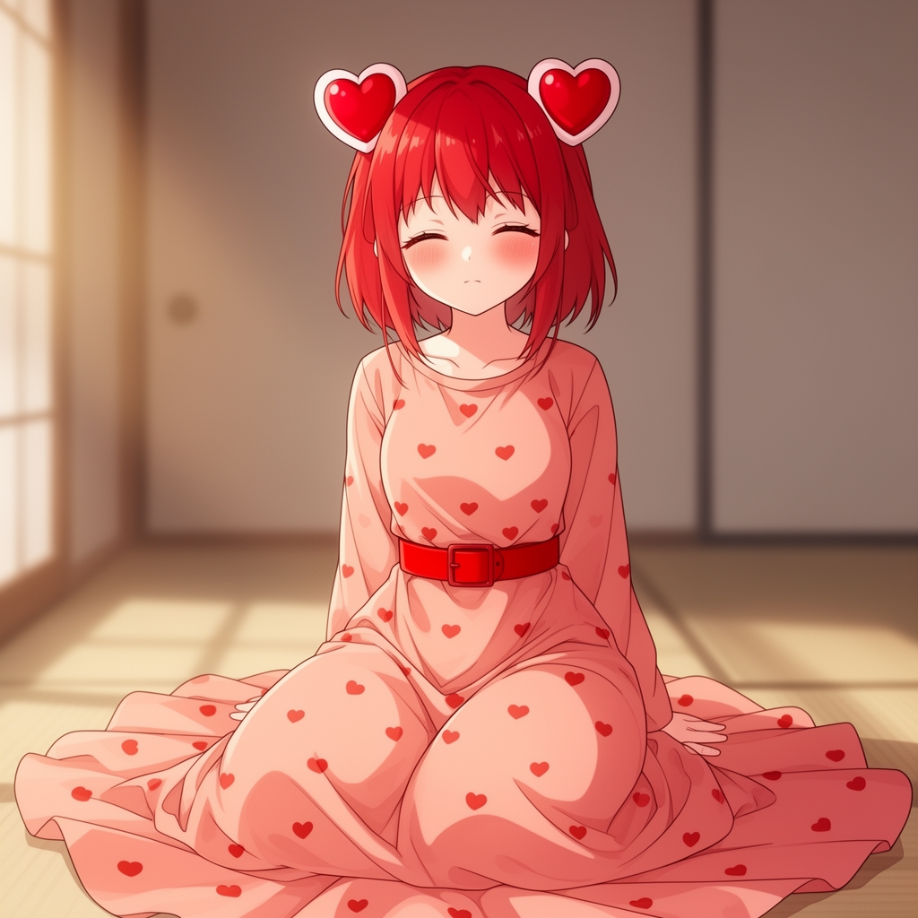 دختری که موهاش قرمز باشه و دوتا بالای سرش مثل گوش قلب باشه
لباسی که دامنش تا و صت های پاش اومده باشد
و کمرش رو با کمربند قرمزی بسته و روی لباسش طرح های قلب قرمز داره
لباسش قرمز کمرنگ باشه
چشماش یکی باز باشه اون یکی بسته
رنگ چشماش هم قرمز کمرنگ بُلوری باشه
داخل خانه نشسته باشه
4