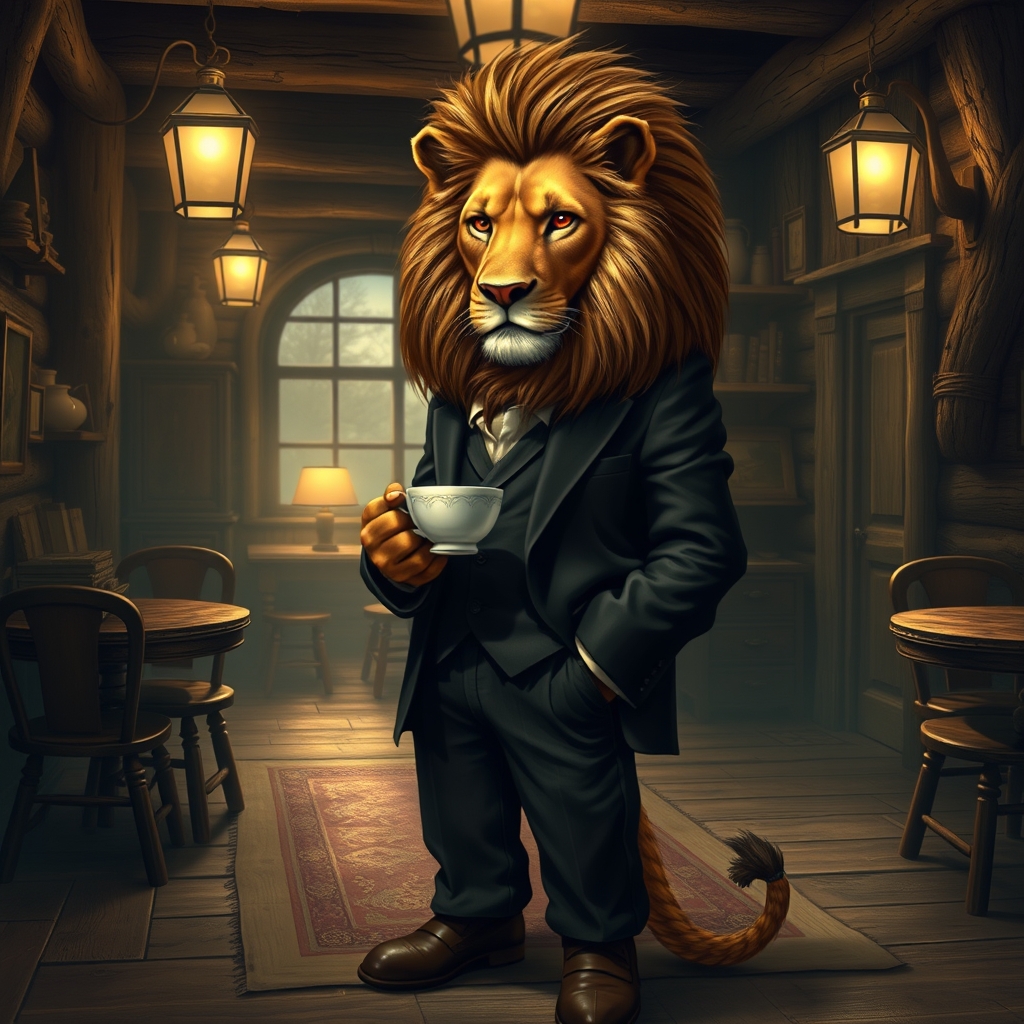 انسانی با سر شیر کت و شلوار پوشیده و در کلبه قهوه خانه ای ایستاده 20