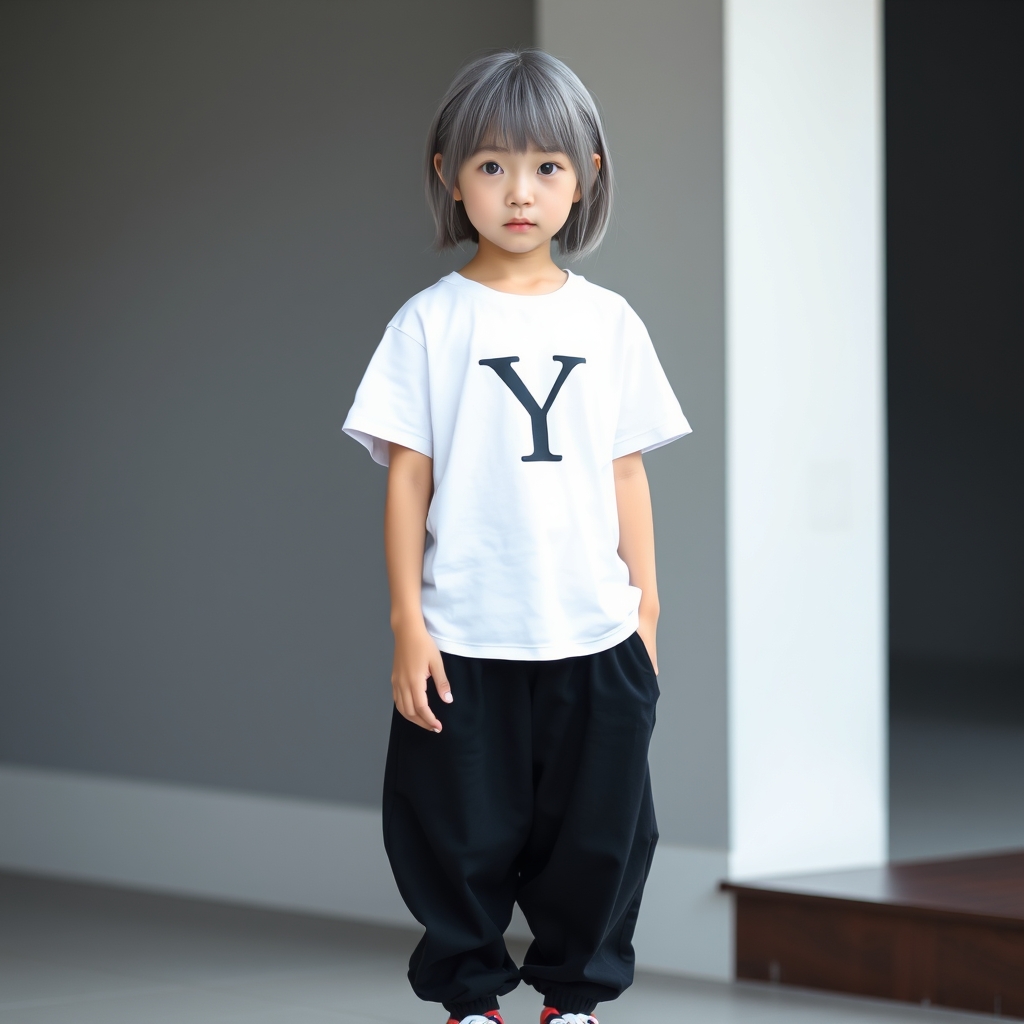 دختری قد بلند و کره ای با موهای طوسی وچشمی آبی و لباس سفی دی که حرف Yروی آن قرار دارد و شلوار بگ سیاه و کفشی سیاه و سفید 22