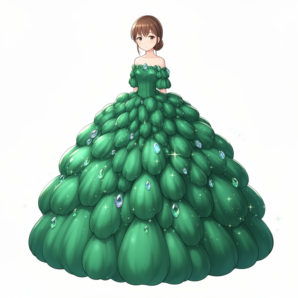 دختر با پس زمینه سفید لباسش پفی ترین اکلیلی ترین لباس دنیا باشه لباس سبز باشه و روش سنگ دوری شده باشه0