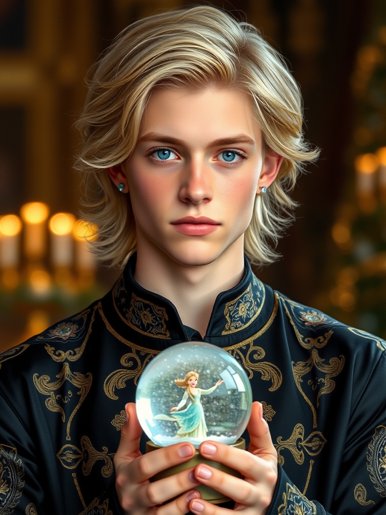 مرد جوان 20 ساله با مو های طلایی نچندان بلند چندان کوتاه، پوست سفید ، گونه های صورتی و چشم های ابی کریستالی که از هفت رود خانه مقدس درون چشمانش ، که یه پیراهن مشکی و طلایی اشرافی پوشیده گوشواره ودر دستانش گوی برفی باشه
12