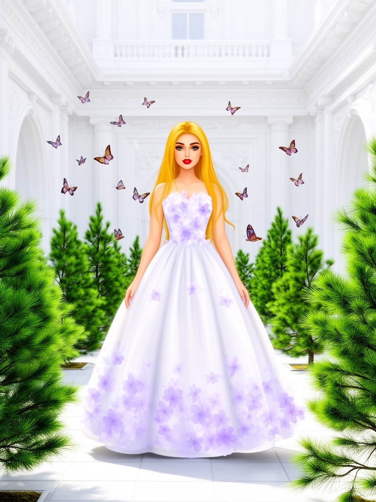 تصویری از زنی با لباس سفید با گلهای بنفش ملایم در حیاط قصری بسیار قشنگ و زیبا که سفید است و زن با لباس پف پفی و صورت نیمرخ که موهای طلایی و بسیار بلند آن زن لب قرمز و ابروهای قهوهایاش پیدا است و حیاط هم پر از درختهای کاج سبز و کوتاه است و پروانهها هم در قصر در حال چرخیدن هستند5