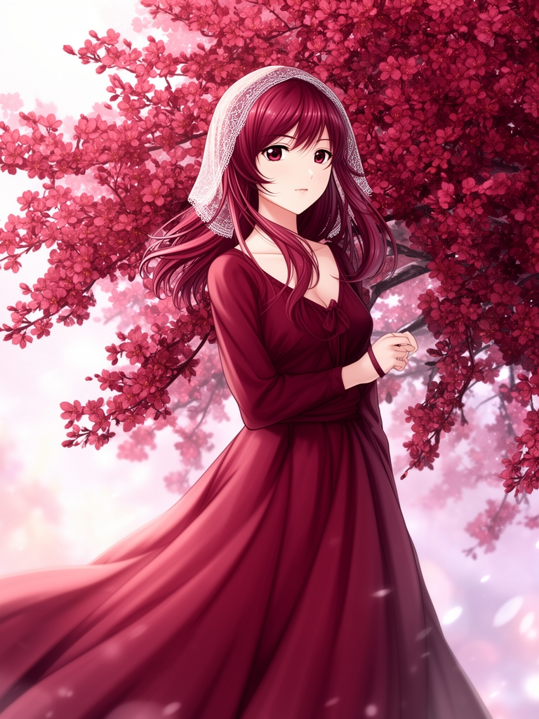 دختری زیبا با لباس زرشکی و موهای زرشکی چشمان زرشکی به علاوه گلهای زرشکی که مانند درخت شکوفه زده میماند چهرهای زیبا از یک دختر با موهای صاف و چتری زده با لباس دامندار خیلی خیلی زیبا2