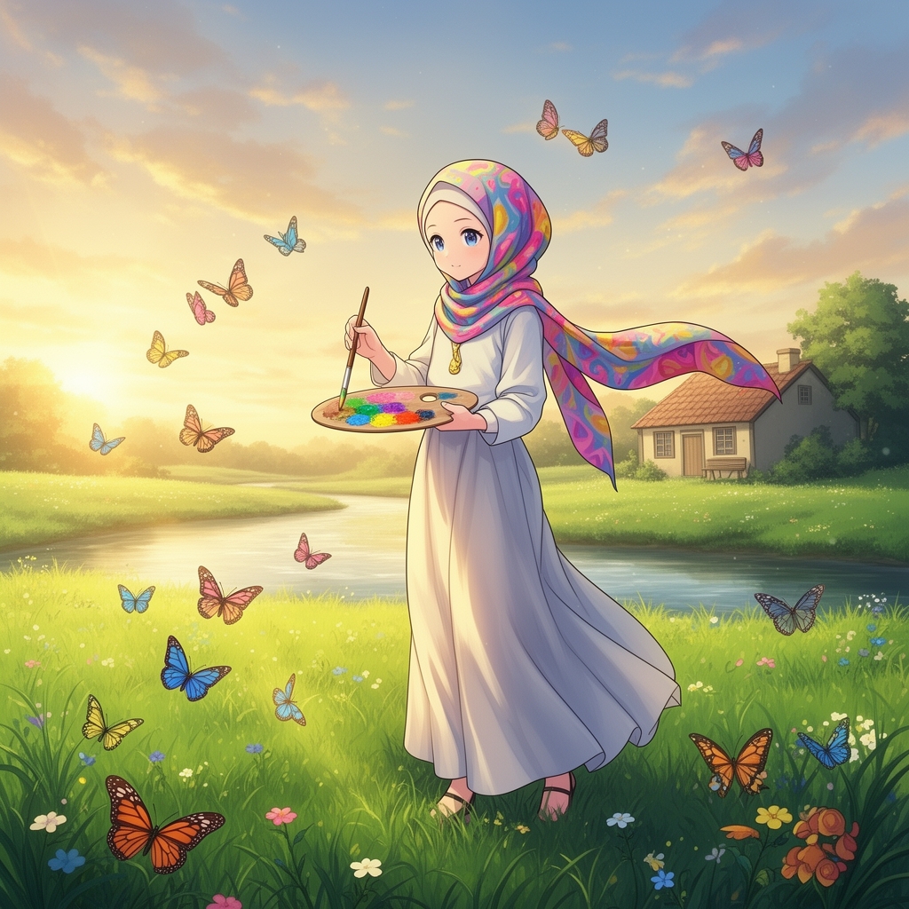 یه دختر با حجابی که با لباس و روسری قشنگی است و داره نقاشی می‌کشه کنار دشت یه رود خونه هست و پر از پروانه و دختر دقیقا داره دشت رو میکشه
18