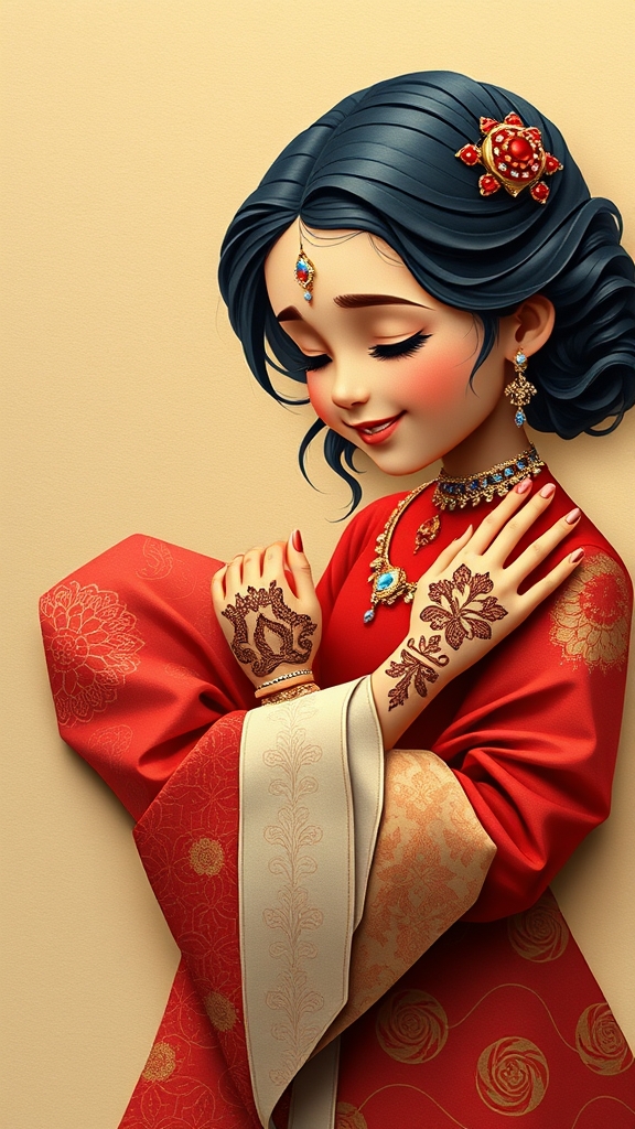 دختر خوشگل و زیبایی که شب حنا بندونشه و لباش زیبایی به رنگ قرمز و و نگین کاریی شده ای پوشیده موهاش سیاهش مدل خوشگلی درست شده و حنا رو دست و پاهاشه و داره با لبخند به مادرش نگاه میکنه 16