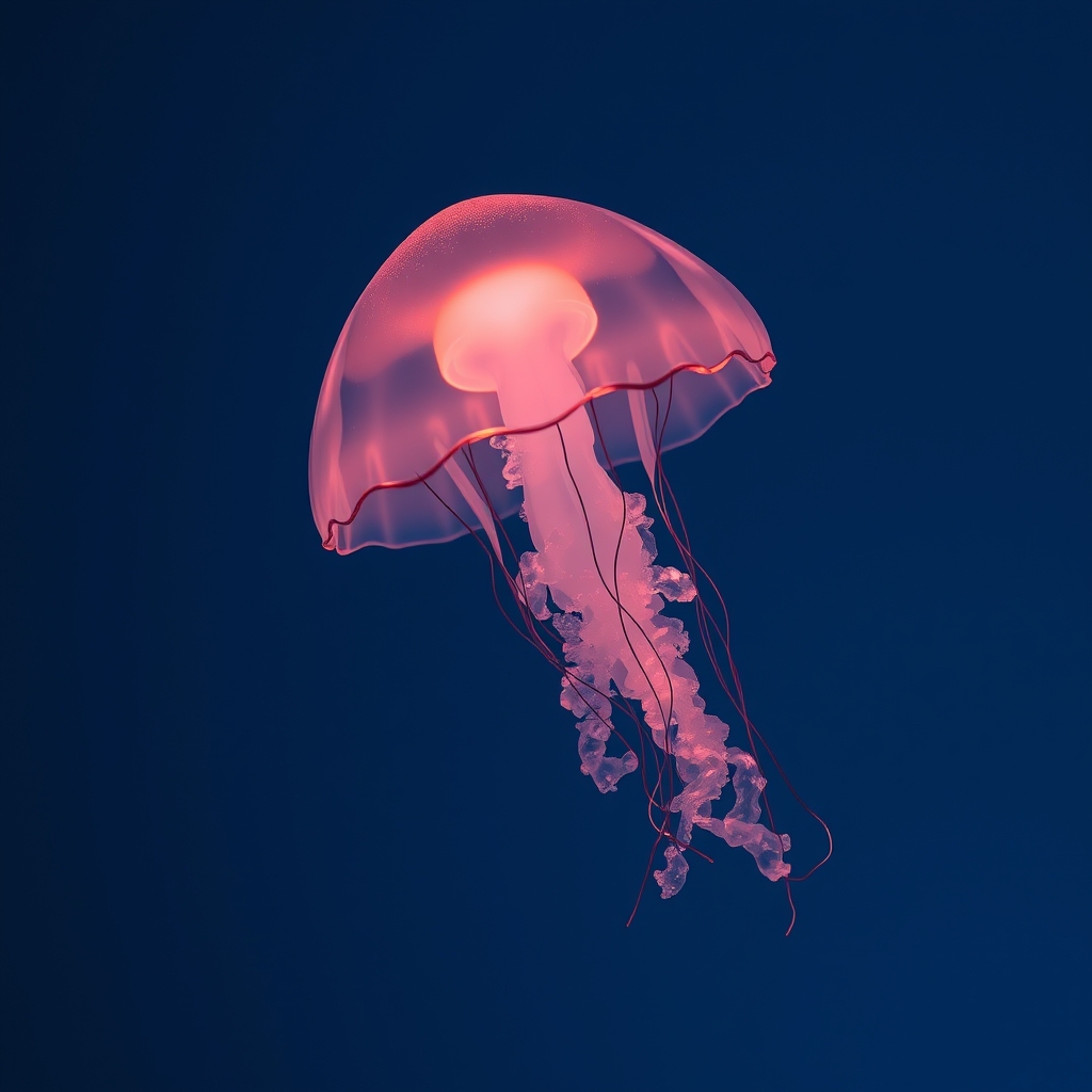 یک عروس دریایی شفاف شناور در هوا، که به نرمی در یک اتاق تاریک میدرخشد.5