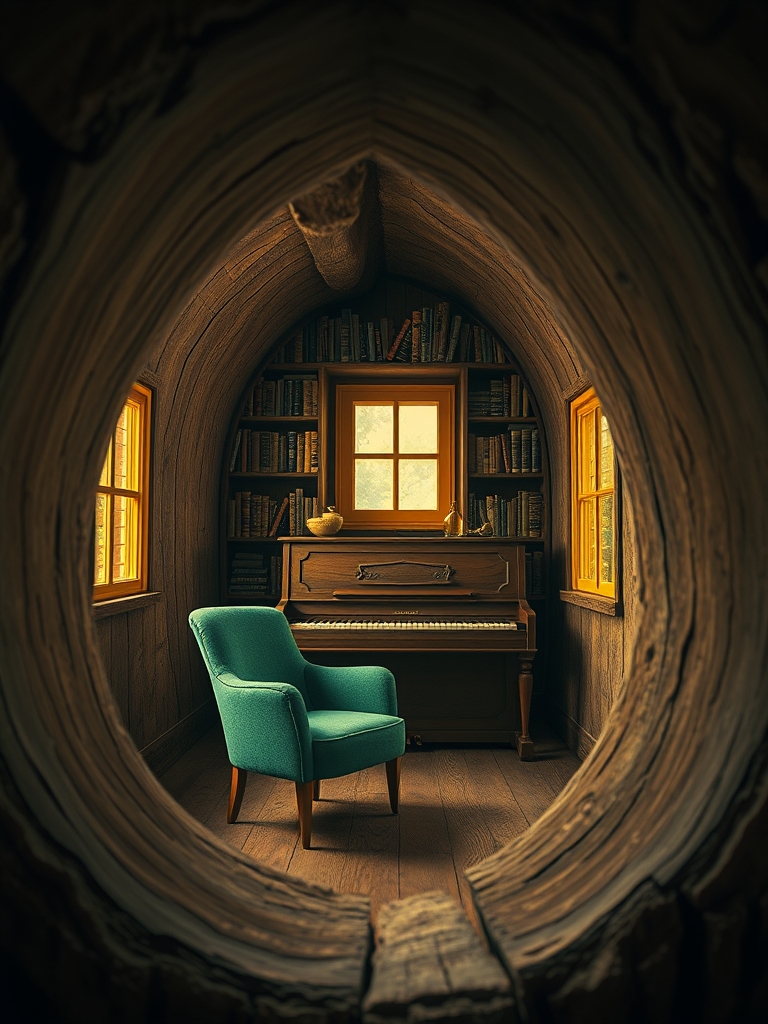 اتاق درون تنه درخت با صندلی سبز ،پیانو قهوه ای  و کتابخانه و پنجره زرد 17