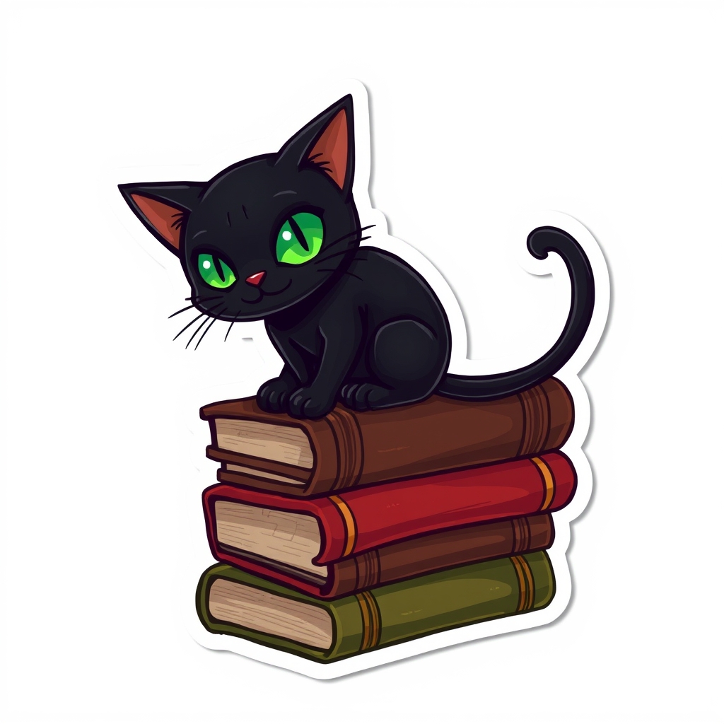 یک گربه سیاه مرموز با چشمان سبز درخشان، نشسته روی انبوهی از کتاب‌های قدیمی.10