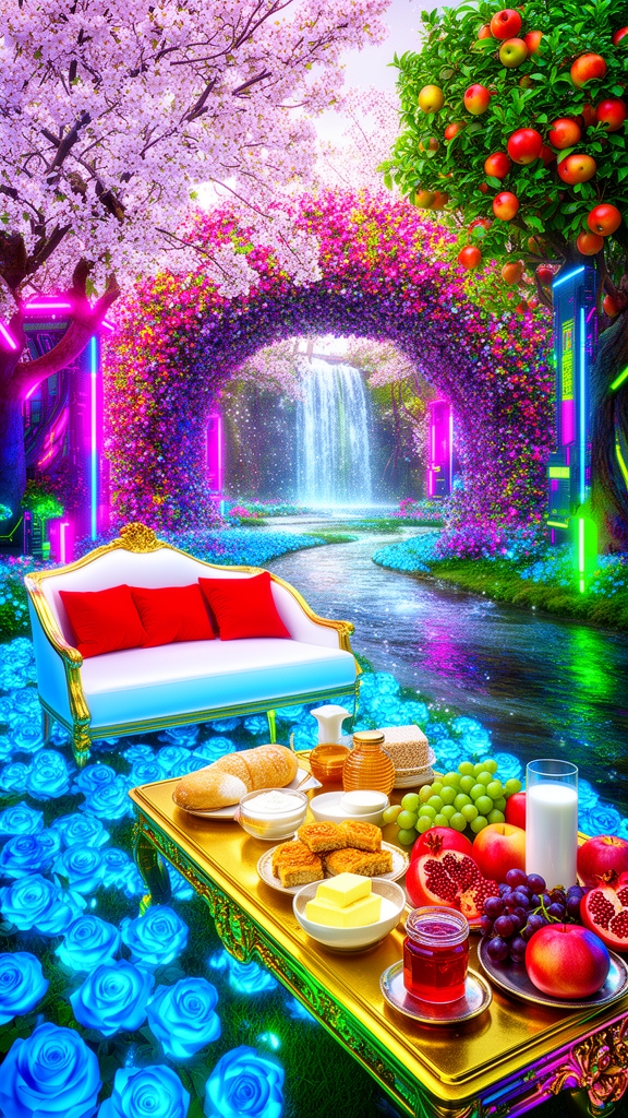 صبحی دل انگیز بهاری روشن 
باغی افسانه ای با تونل افراشته از بوته های گل 
و درختان پرشکوفه سیب و انار و پوشش انبوه گلهای رز اطلسی لی لی یم شب بو 
آبشاری و رودی جاری ست 
پایین رودخانه 
کاناپه دراز ال مانند سفید طلایی با کوسن های قرمز 
و میز طلا پر نان کره خامه عسل مربا حلوا باقلوا شیر خوشه انگور سیب انار5