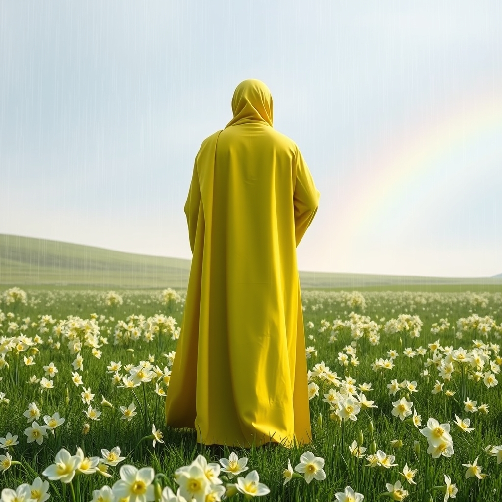 امام زمان ظهور کرده اند(پشت به دوربین)با لباس بلند سبز لیمویی،باران نم نم میبارد اما آسمان صاف است،رنگین کمان ملایمی در افق محو شده،دشت سرسبز و پر از گل های نرگس است،همه علم ها کشف شده،ظلم نابود شده و همه انسان های خوب با شادی و عدالت زندگی میکنند🤍🩵💚✨22