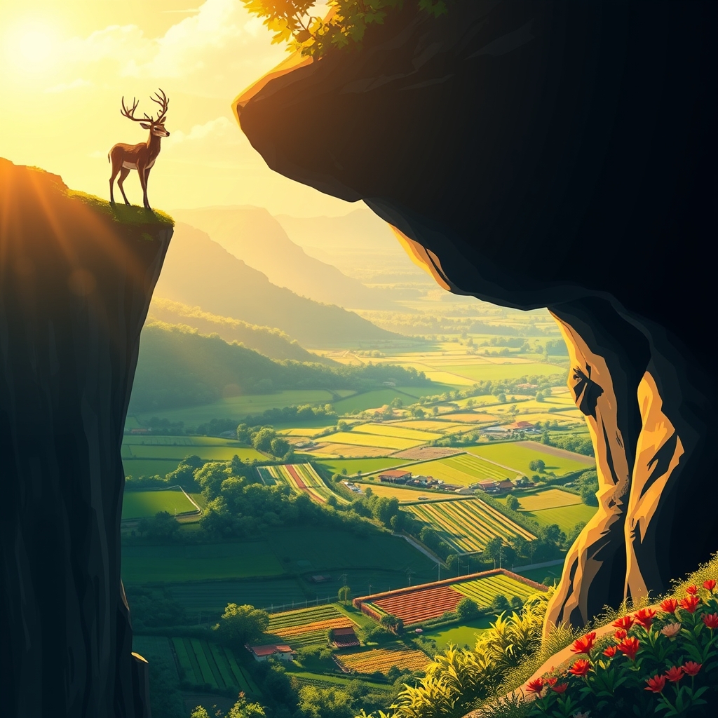 گوزنی که لبه ی پرتگاه ایستاده است است و پایین پرتگاه مزرعه ای زیبا و سر سبزی وجود دارد 17