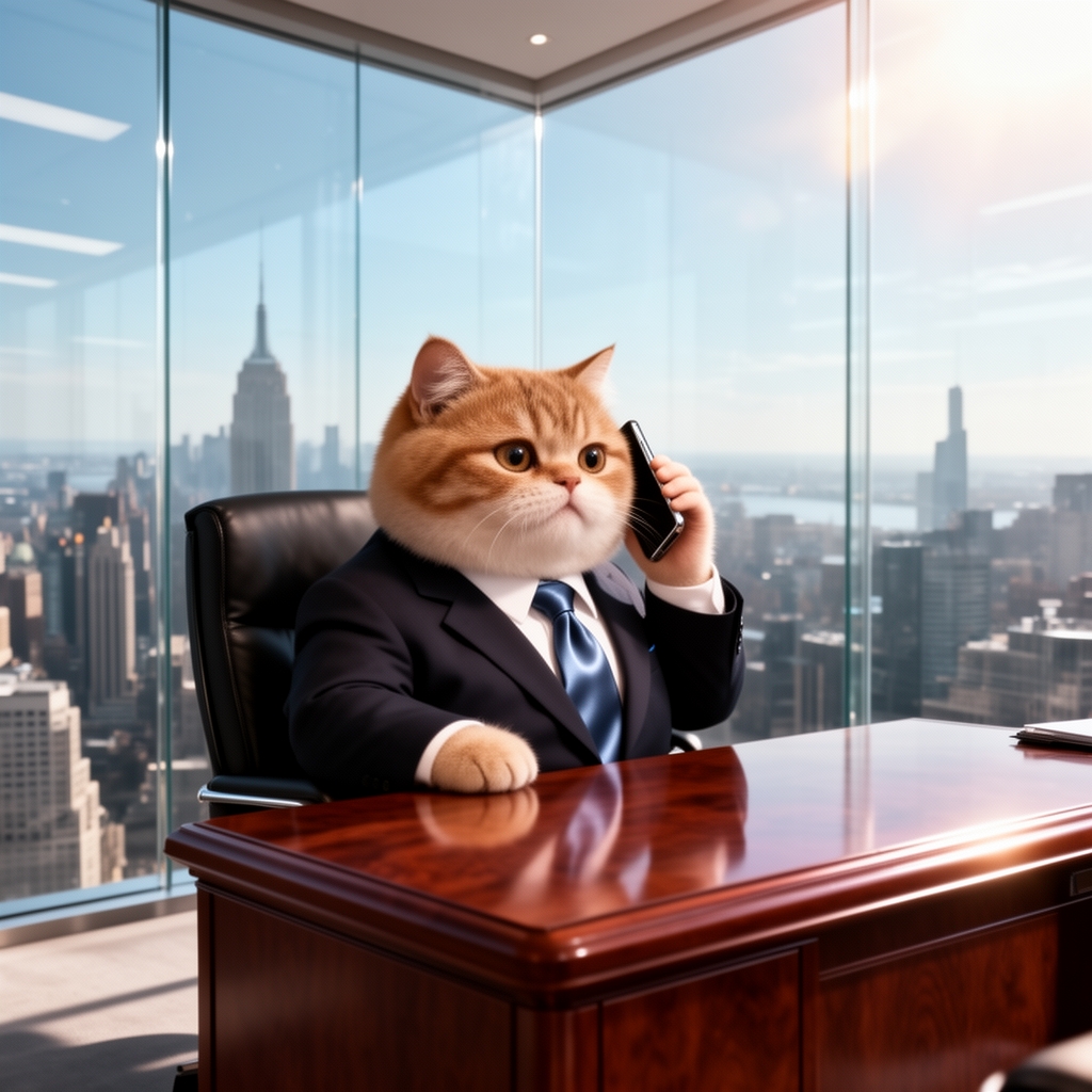 گربه‌ای چاق و بامزه با کت و شلوار رسمی و کراوات که پشت میز مدیریت نشسته و با تلفن صحبت می‌کند، دفتر کار شیشه‌ای در آسمان‌خراش.2
